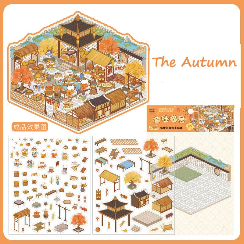 DIY 3D Sticker Scene YJ 1.0| Ancient China Theme| Cat in 4 Seasons