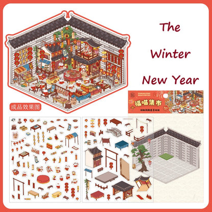 DIY 3D Sticker Scene YJ 1.0| Ancient China Theme| Cat in 4 Seasons